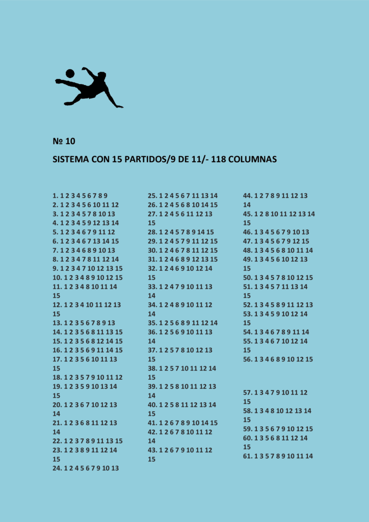 Sistema nónuple con quince partidos 9/11 y la tabla de ganancias.