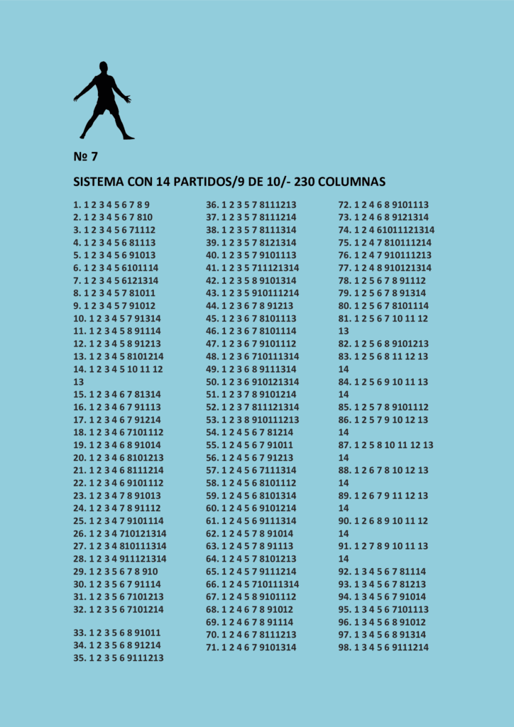 Sistema nónuple con catorce partidos 9/10 y la tabla de ganancias.